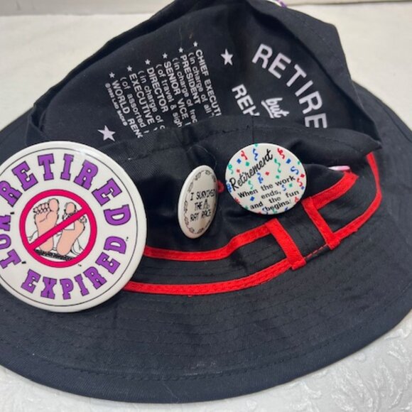VTG Black "Retired but Rehired" Black Retirement Cotton Pail Hat 7 Pins XL - Picture 7 of 10